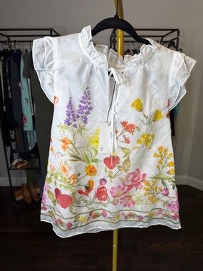 Bailey 44 White Floral Ruffle Neck Blouse